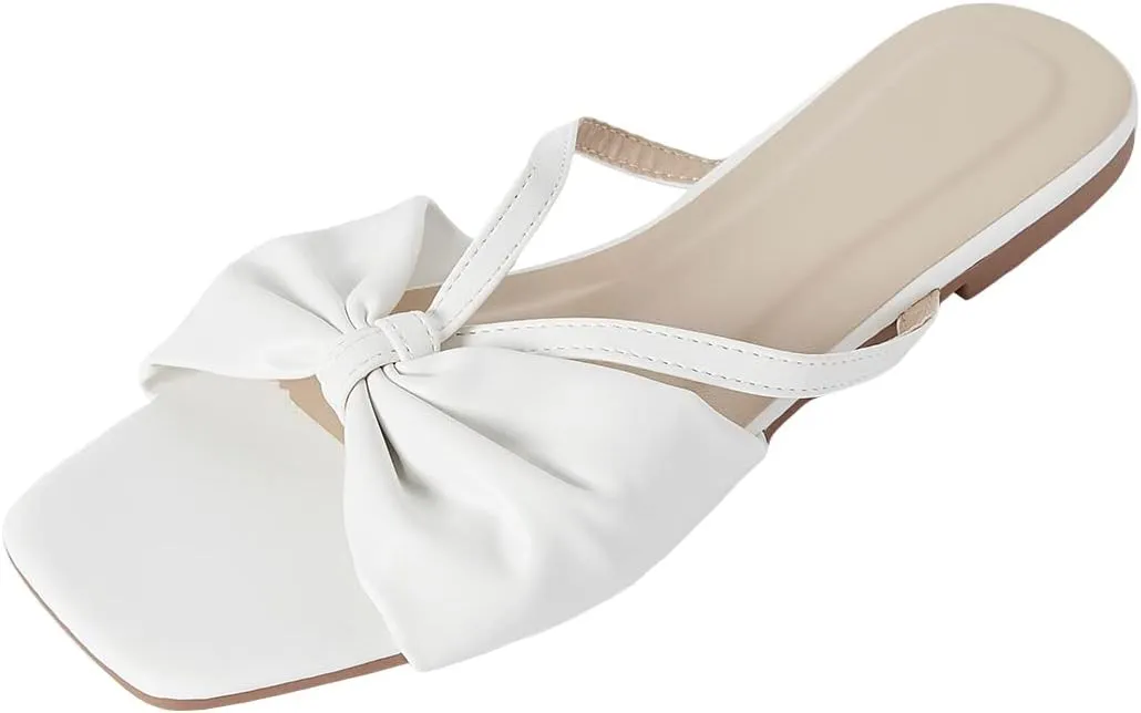 GORGLITTER Women's Bow Knot Square Toe Flat Sandals Open Toe Leather Slide Sandals