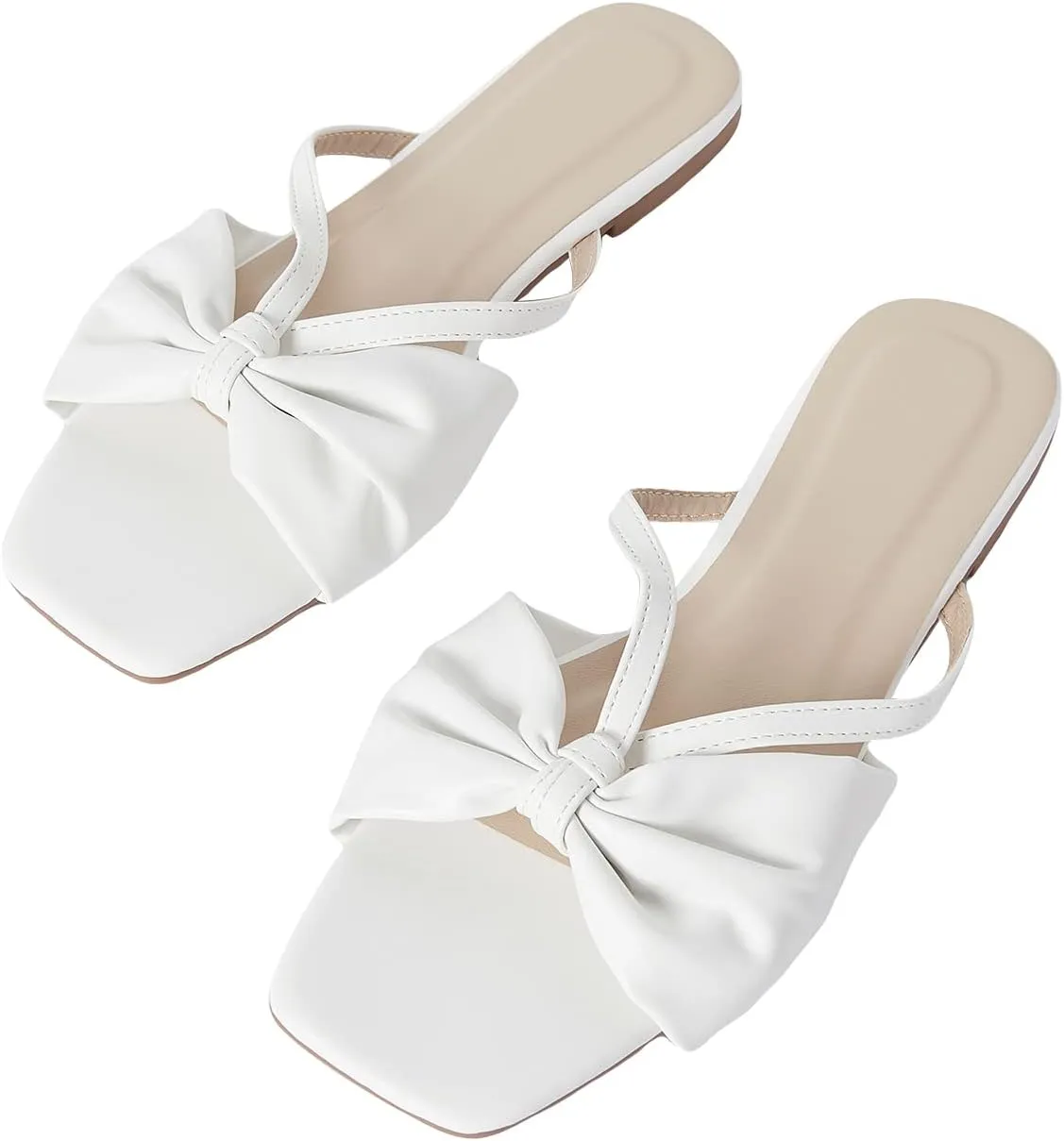 GORGLITTER Women's Bow Knot Square Toe Flat Sandals Open Toe Leather Slide Sandals