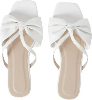 GORGLITTER Women's Bow Knot Square Toe Flat Sandals Open Toe Leather Slide Sandals
