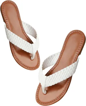 GORGLITTER Women's Braided Leather Thong Sandals Slip on Open Toe Flip Flops Summer Beach Slides
