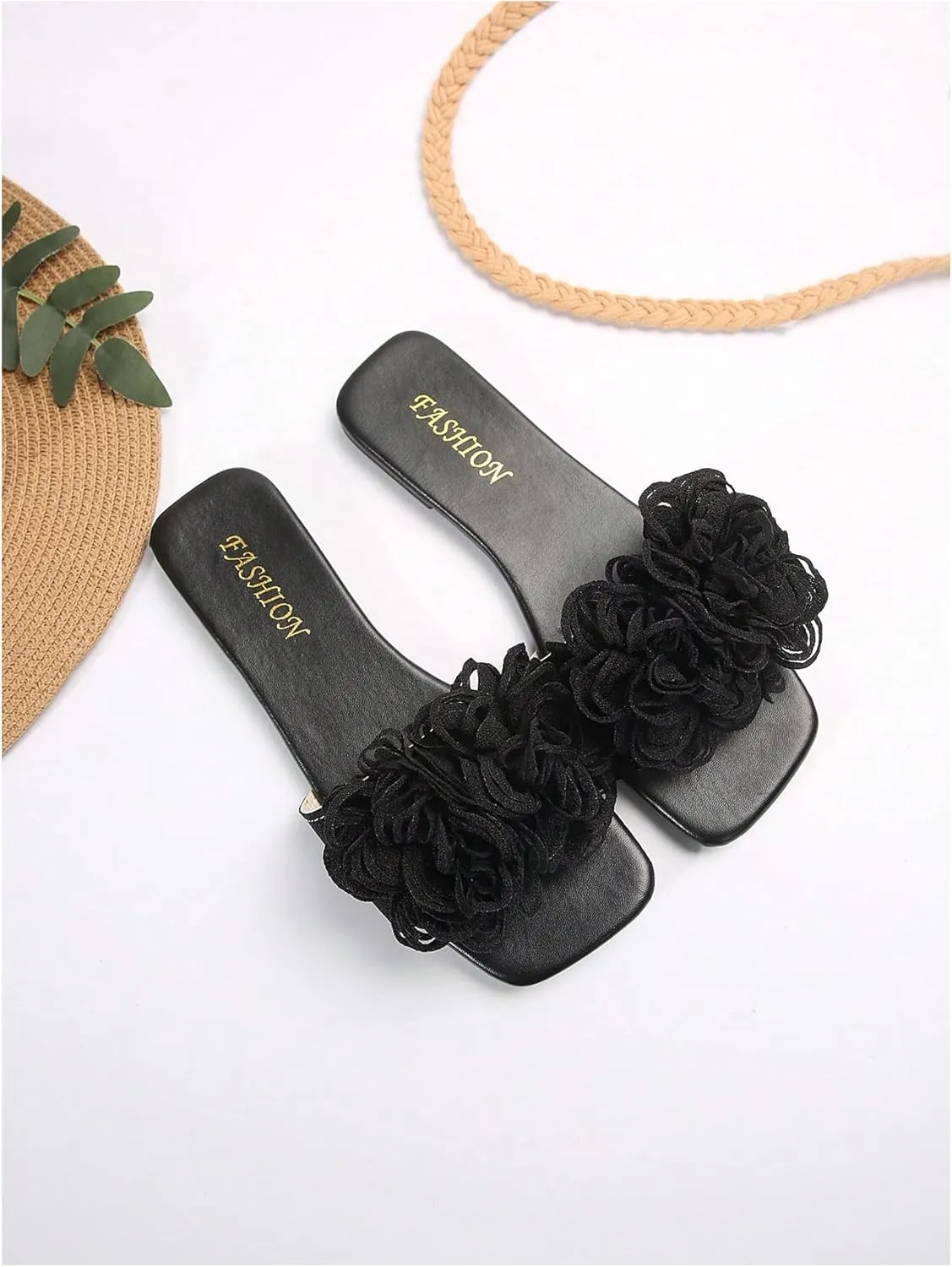 GORGLITTER Women's Flower Square Open Toe Flat Sandals Floral Slip on Slide Summer Vacation Shoes