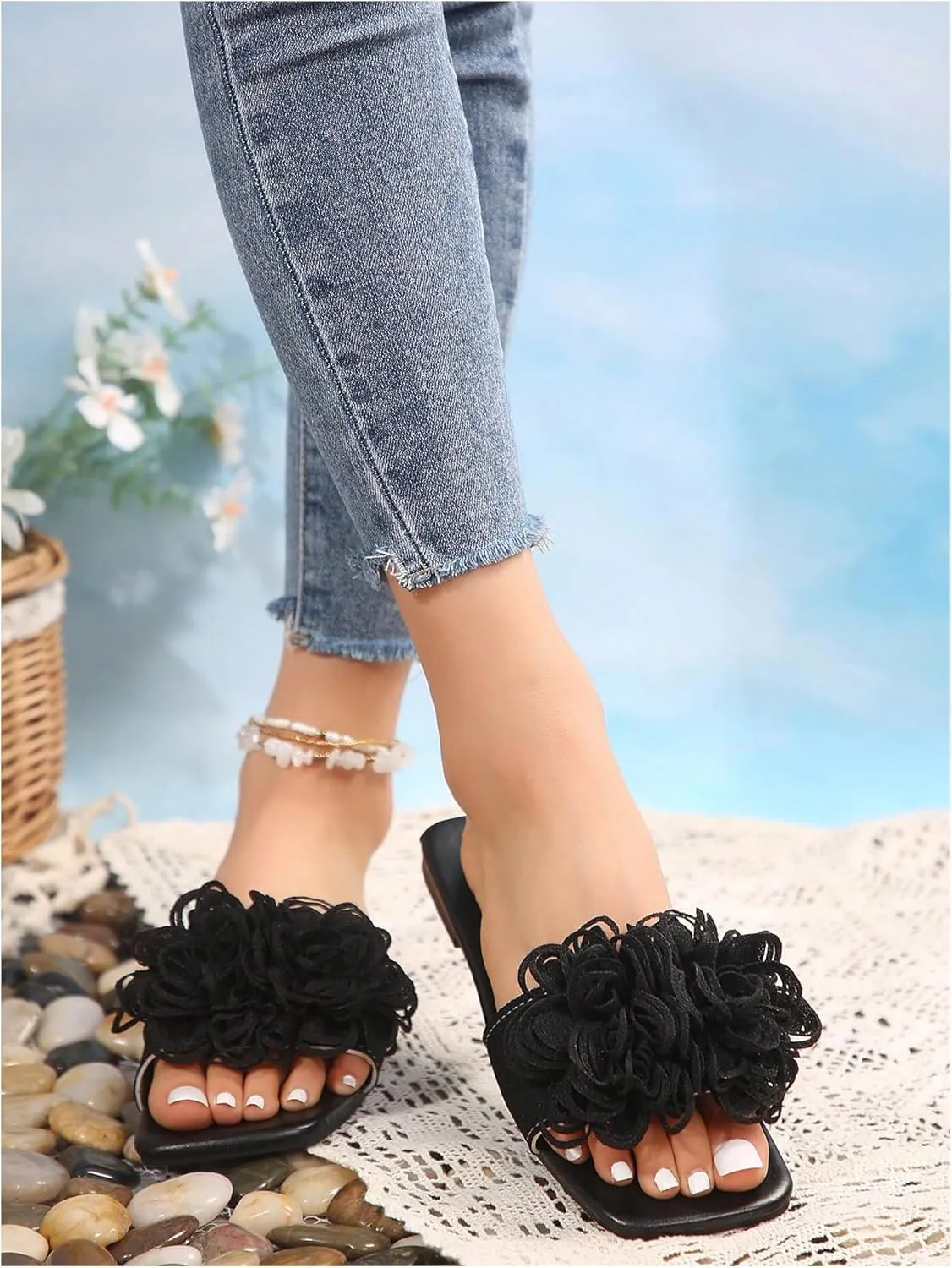 GORGLITTER Women's Flower Square Open Toe Flat Sandals Floral Slip on Slide Summer Vacation Shoes