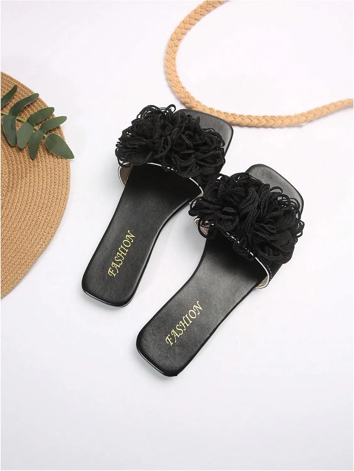 GORGLITTER Women's Flower Square Open Toe Flat Sandals Floral Slip on Slide Summer Vacation Shoes