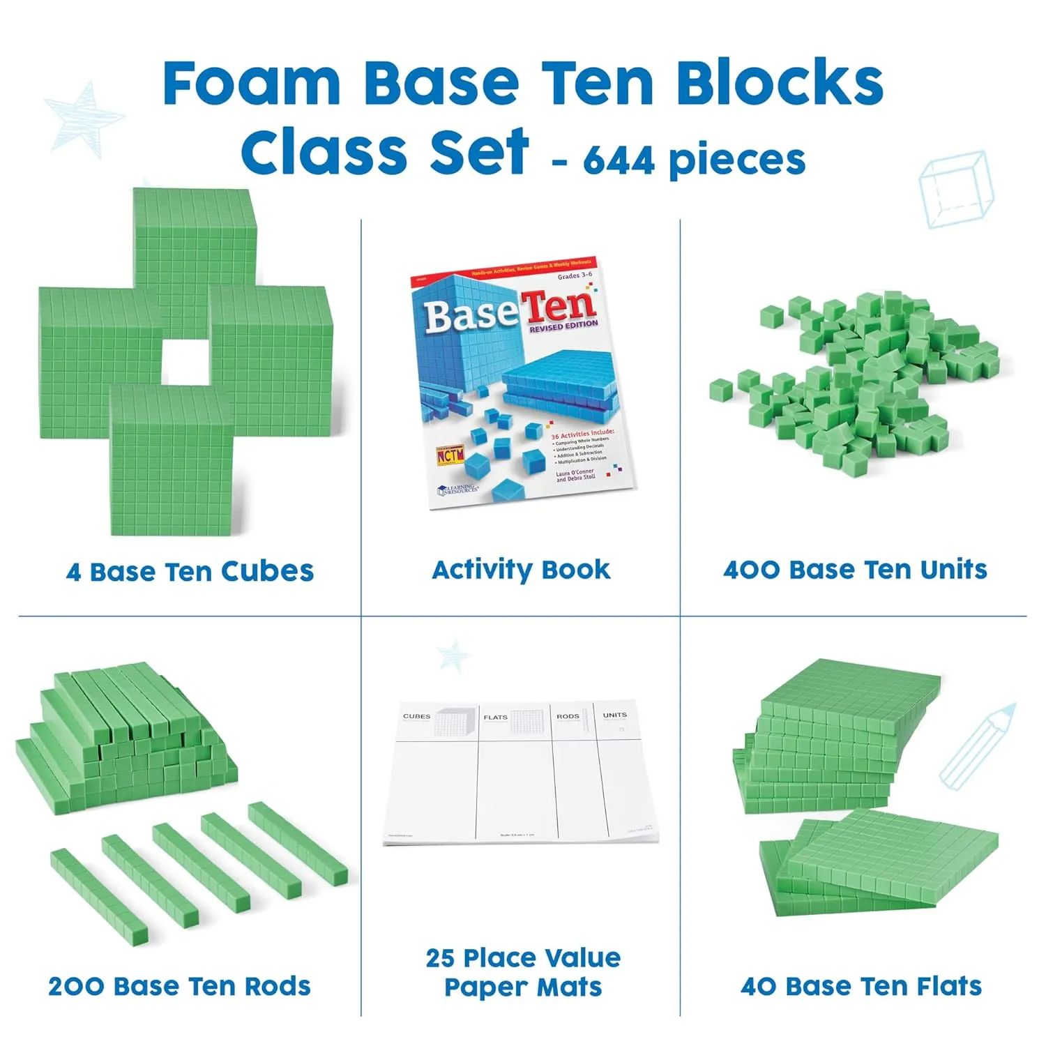 hand2mind Green Foam Base Ten Blocks Complete Set, Place Value Blocks, Counting Cubes, Base 10 Math Manipulatives, Teacher Supplies for Math Classroom, Montessori Math Materials (Set of 644)