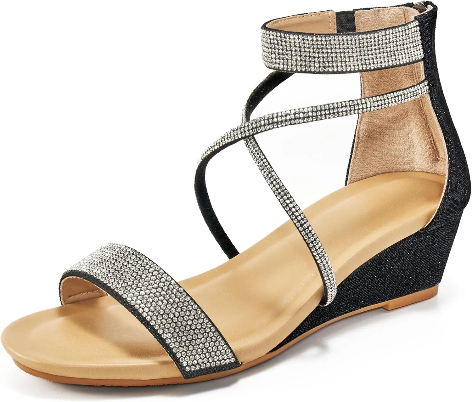 HARENCE Wedge Sandals for Women Dressy: Comfortble Ankle Strap Zipper Low Heels Shoes Fashion Sparkly Summer Sandals