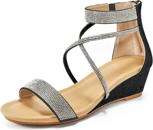 HARENCE Wedge Sandals for Women Dressy: Comfortble Ankle Strap Zipper Low Heels Shoes Fashion Sparkly Summer Sandals