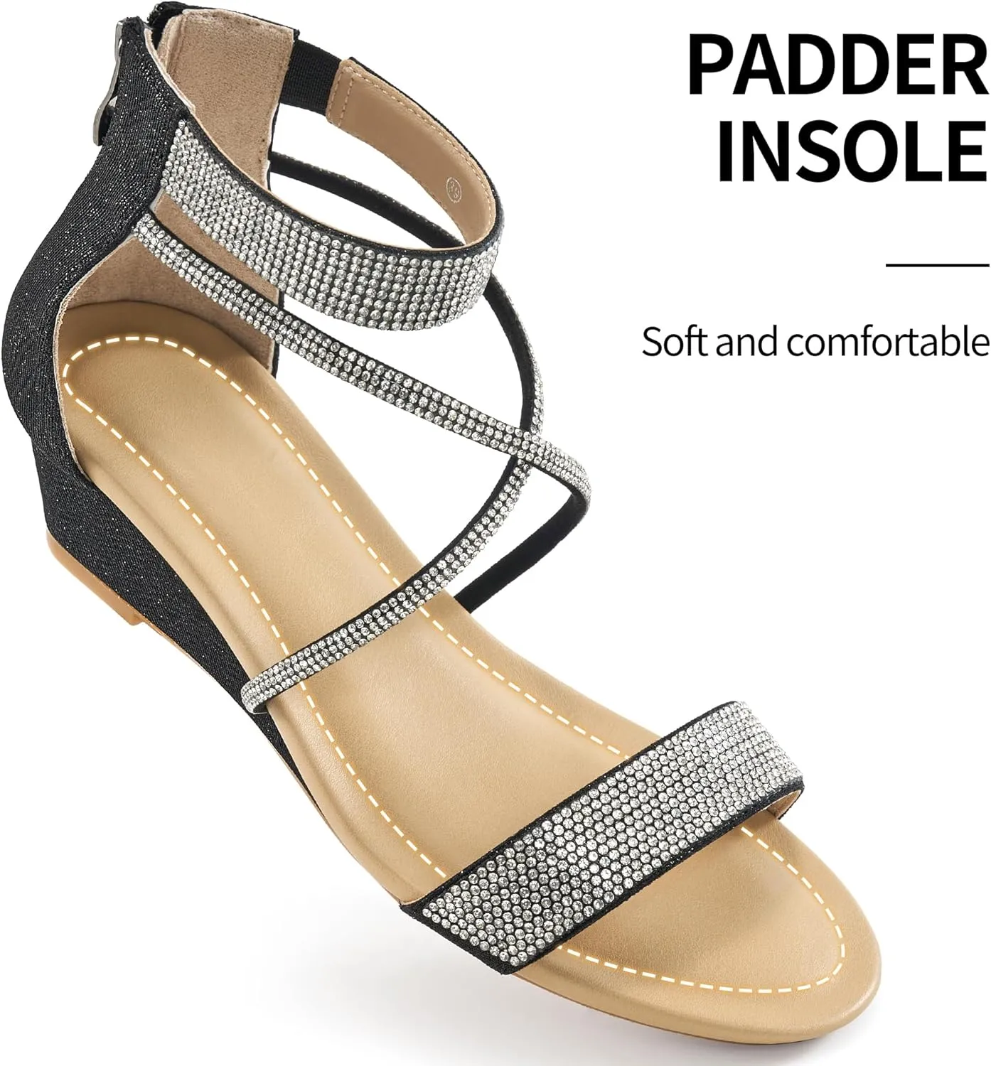 HARENCE Wedge Sandals for Women Dressy: Comfortble Ankle Strap Zipper Low Heels Shoes Fashion Sparkly Summer Sandals