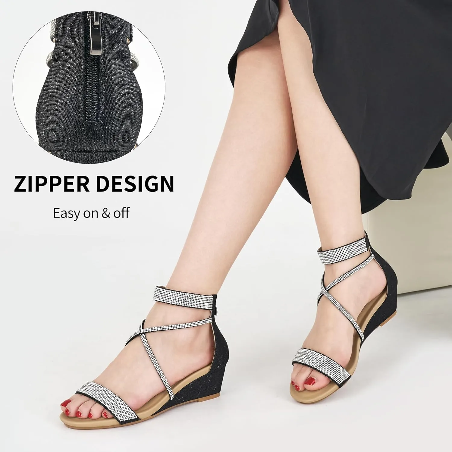 HARENCE Wedge Sandals for Women Dressy: Comfortble Ankle Strap Zipper Low Heels Shoes Fashion Sparkly Summer Sandals