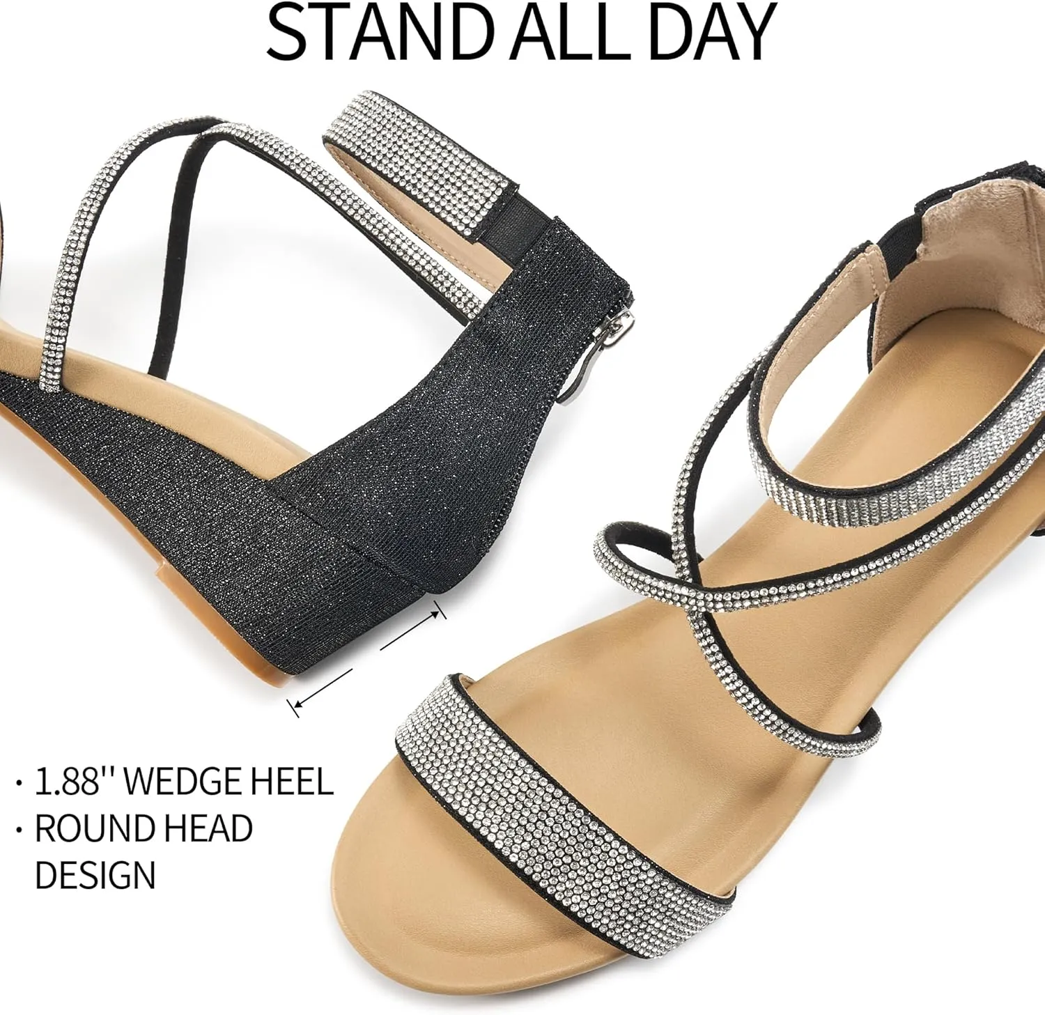 HARENCE Wedge Sandals for Women Dressy: Comfortble Ankle Strap Zipper Low Heels Shoes Fashion Sparkly Summer Sandals