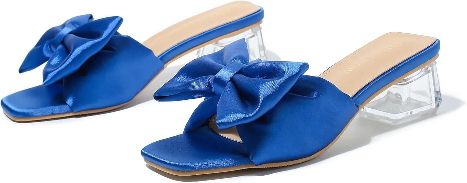 Heiyom Women's Square Toe Low Block Chunky Heels Mules Sandals Bowknot Slip on Clear Heels Wedding Bridal Party Dress Shoes
