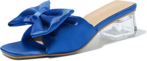 Heiyom Women's Square Toe Low Block Chunky Heels Mules Sandals Bowknot Slip on Clear Heels Wedding Bridal Party Dress Shoes