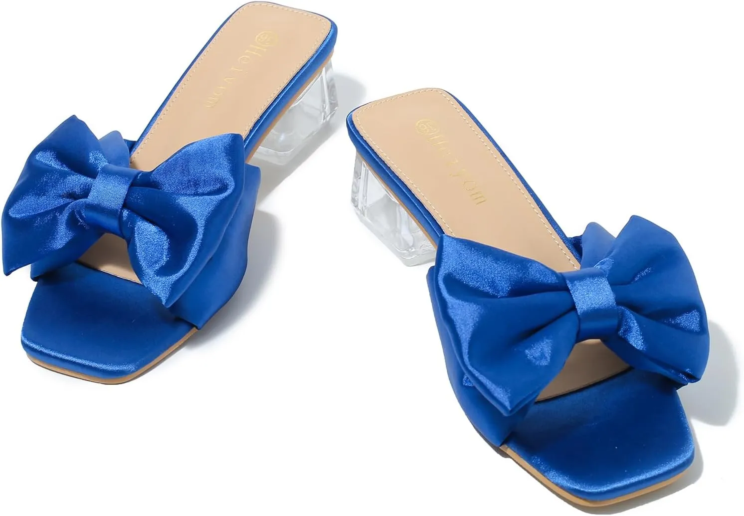 Heiyom Women's Square Toe Low Block Chunky Heels Mules Sandals Bowknot Slip on Clear Heels Wedding Bridal Party Dress Shoes