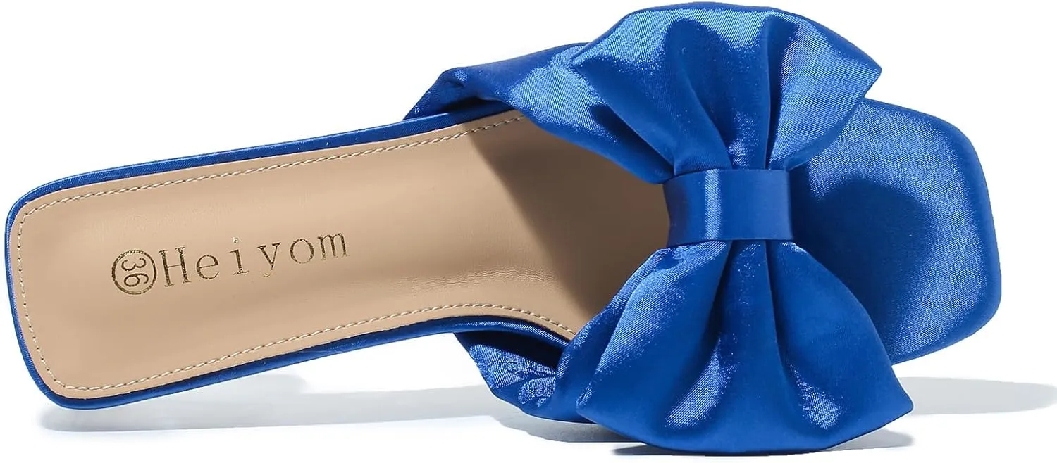 Heiyom Women's Square Toe Low Block Chunky Heels Mules Sandals Bowknot Slip on Clear Heels Wedding Bridal Party Dress Shoes