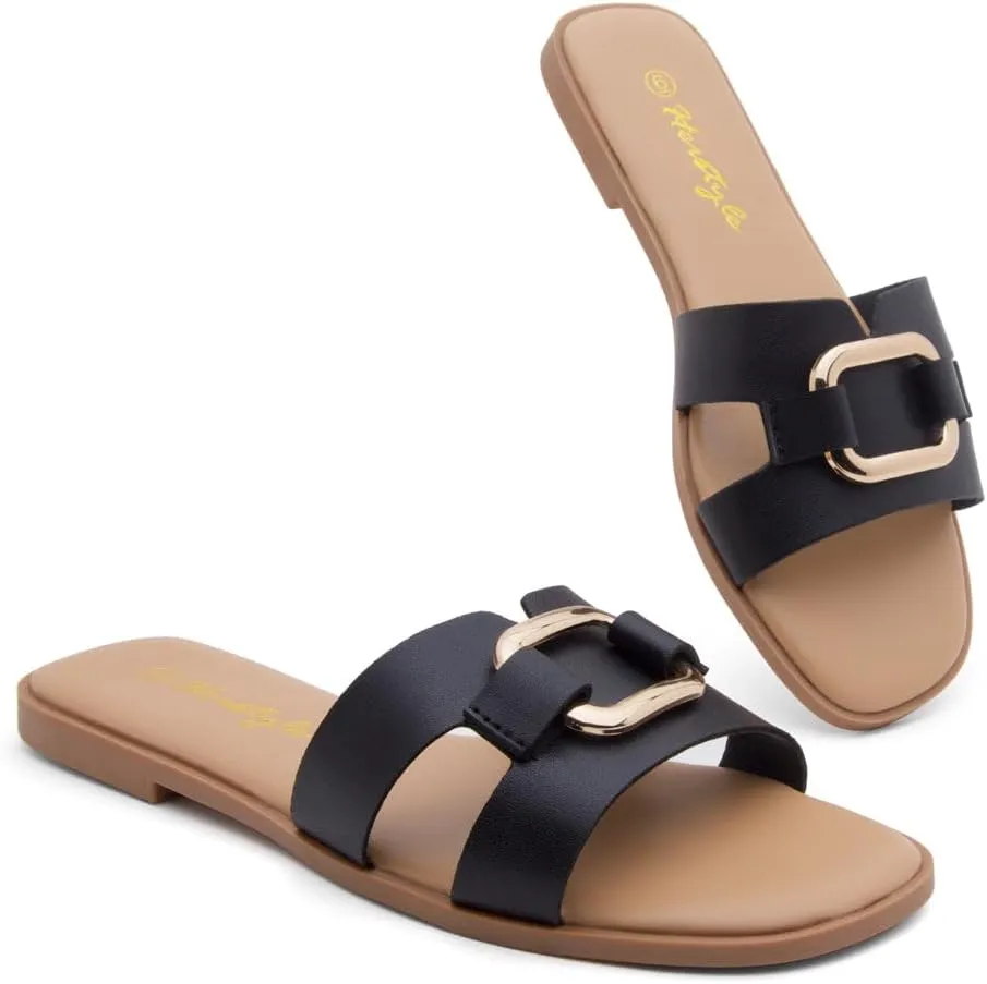 Herstyle Women's Flat Sandals 2025 – Trendy Square Open Toe Slides with Metal Chain, Memory Foam Cushioned Footbed, Slip-On Fashion Slippers for Summer
