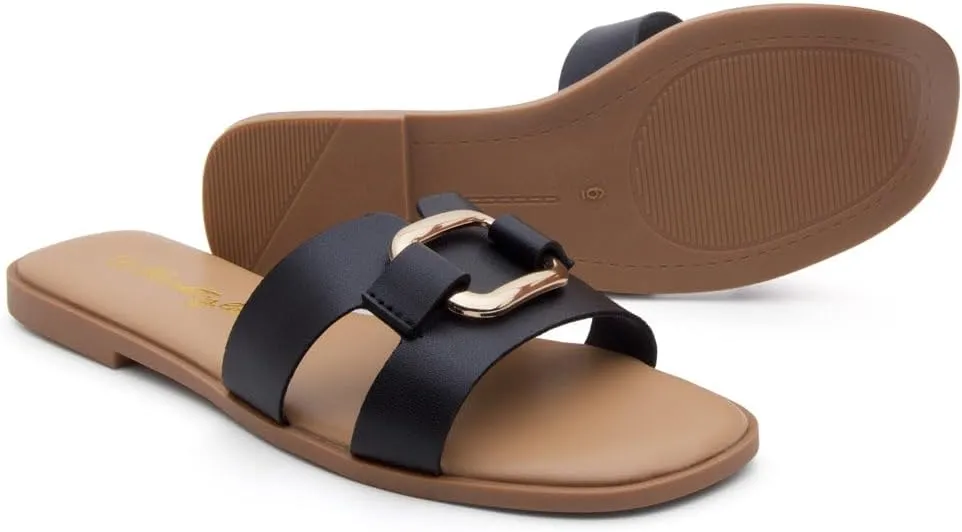 Herstyle Women's Flat Sandals 2025 – Trendy Square Open Toe Slides with Metal Chain, Memory Foam Cushioned Footbed, Slip-On Fashion Slippers for Summer