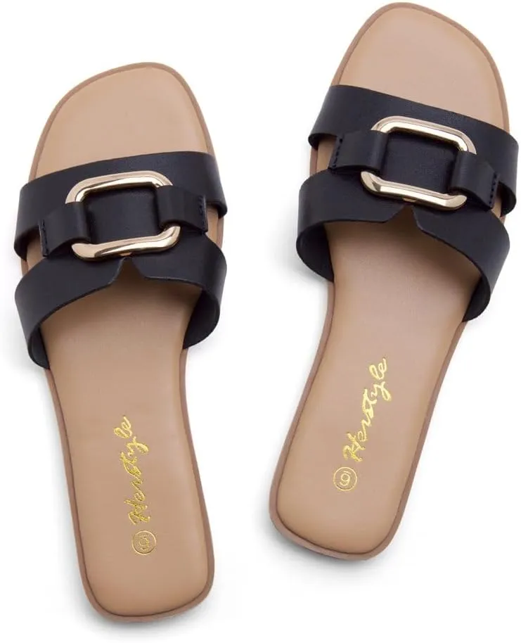 Herstyle Women's Flat Sandals 2025 – Trendy Square Open Toe Slides with Metal Chain, Memory Foam Cushioned Footbed, Slip-On Fashion Slippers for Summer