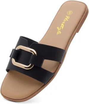 Herstyle Women's Flat Sandals 2025 – Trendy Square Open Toe Slides with Metal Chain, Memory Foam Cushioned Footbed, Slip-On Fashion Slippers for Summer