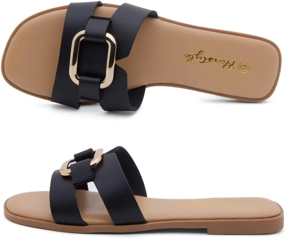 Herstyle Women's Flat Sandals 2025 – Trendy Square Open Toe Slides with Metal Chain, Memory Foam Cushioned Footbed, Slip-On Fashion Slippers for Summer
