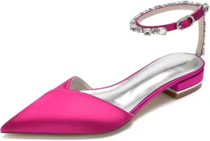 HNVAVQ Women's Satin Wedding Shoes Pointed Toe Comfortable Bridal Flats Formal Prom Party Dress Pumps Rhinestone Ankle Strap Sandals Low Heel Flat Shoes