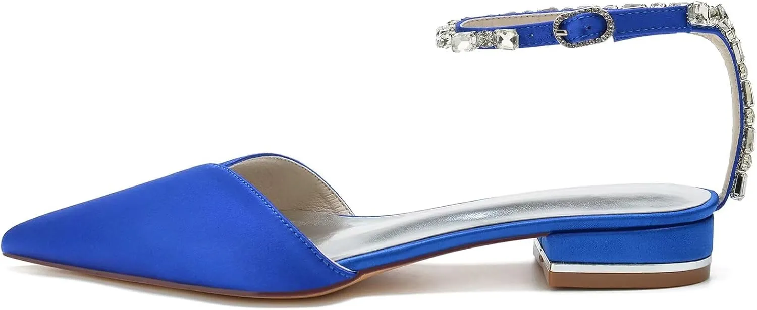 HNVAVQ Women's Satin Wedding Shoes Pointed Toe Comfortable Bridal Flats Formal Prom Party Dress Pumps Rhinestone Ankle Strap Sandals Low Heel Flat Shoes