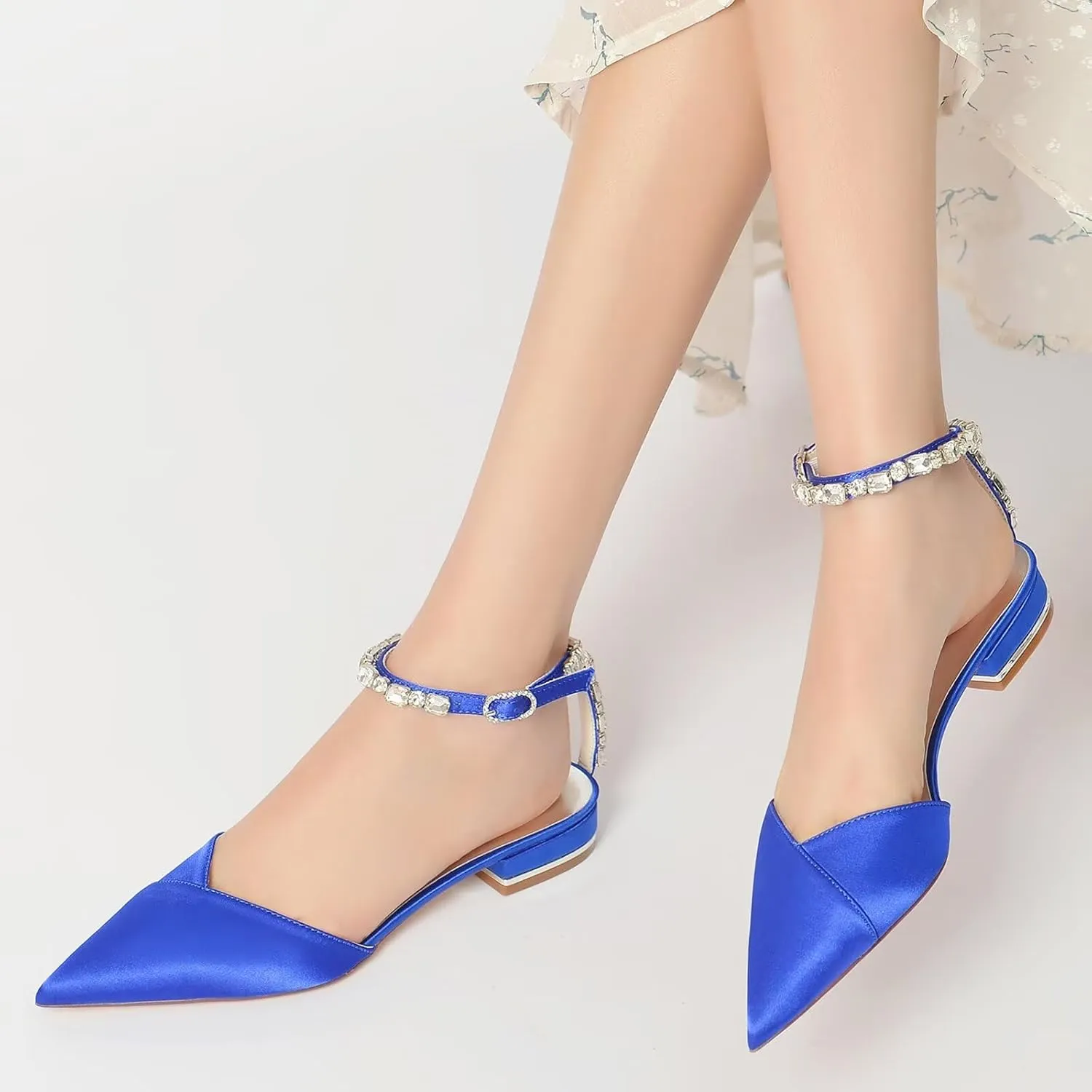 HNVAVQ Women's Satin Wedding Shoes Pointed Toe Comfortable Bridal Flats Formal Prom Party Dress Pumps Rhinestone Ankle Strap Sandals Low Heel Flat Shoes