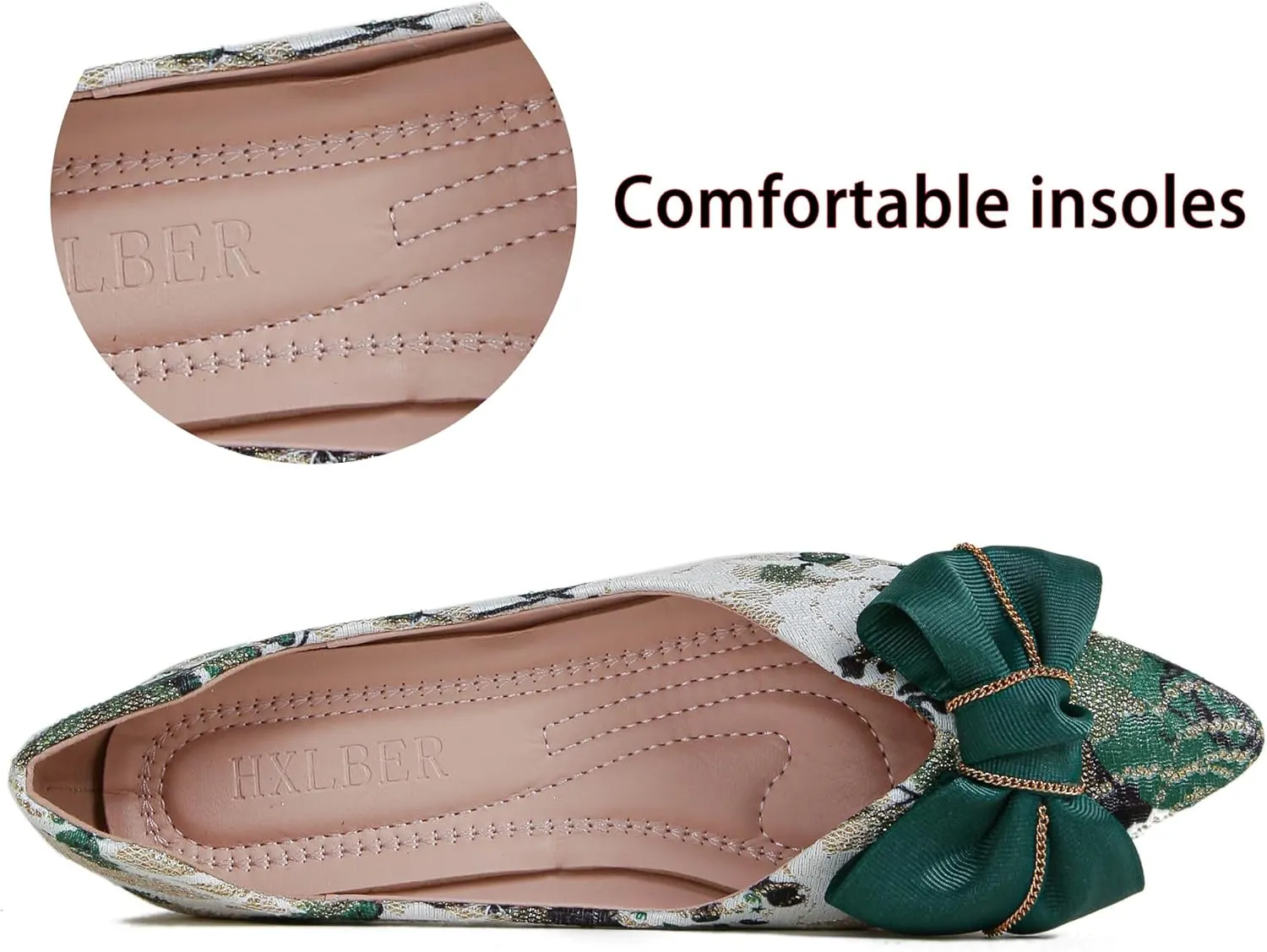 Hxlber Women's Flats Shoes Pointed Toe Bow Embroidery Ballet Comfortable Dressy Slip On Flat