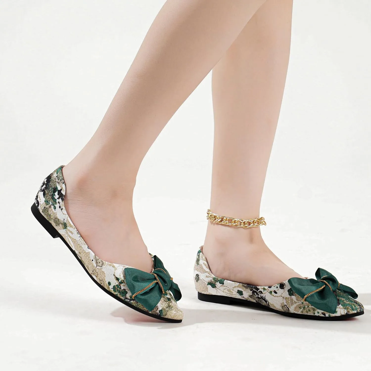 Hxlber Women's Flats Shoes Pointed Toe Bow Embroidery Ballet Comfortable Dressy Slip On Flat