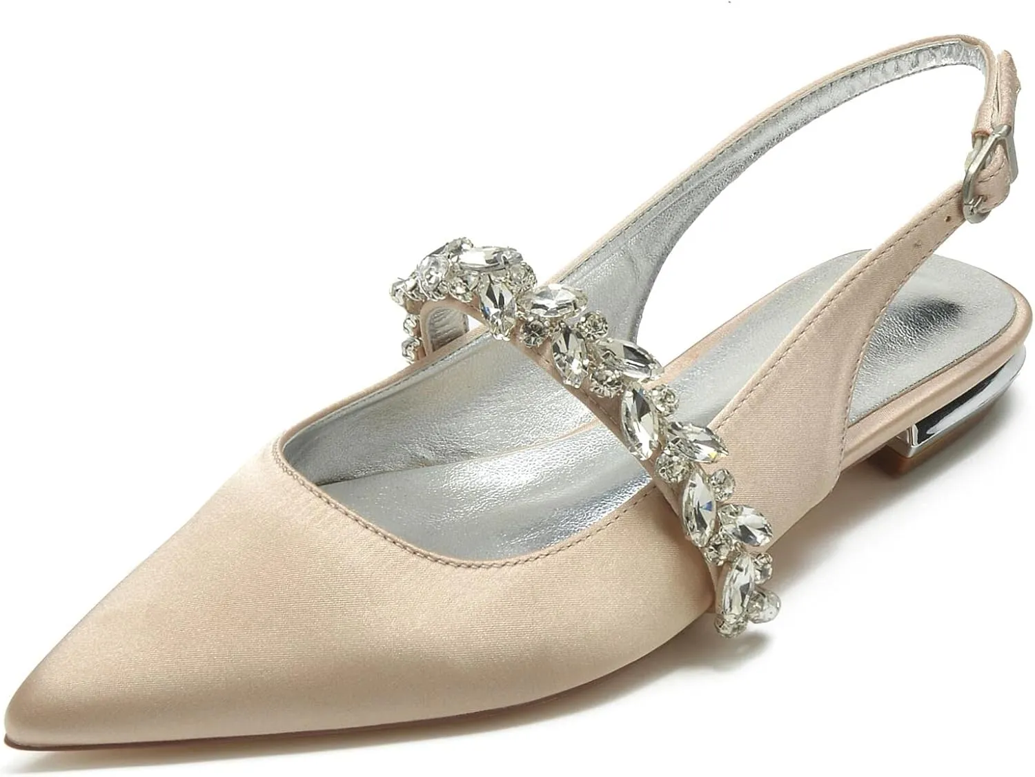 Hyinlays Women's Closed Toe Wedding Flats Slingback Pump Shoes for Bride Satin Crystal Pointed Toe Formal Party Flat Sandals