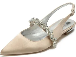 Hyinlays Women's Closed Toe Wedding Flats Slingback Pump Shoes for Bride Satin Crystal Pointed Toe Formal Party Flat Sandals