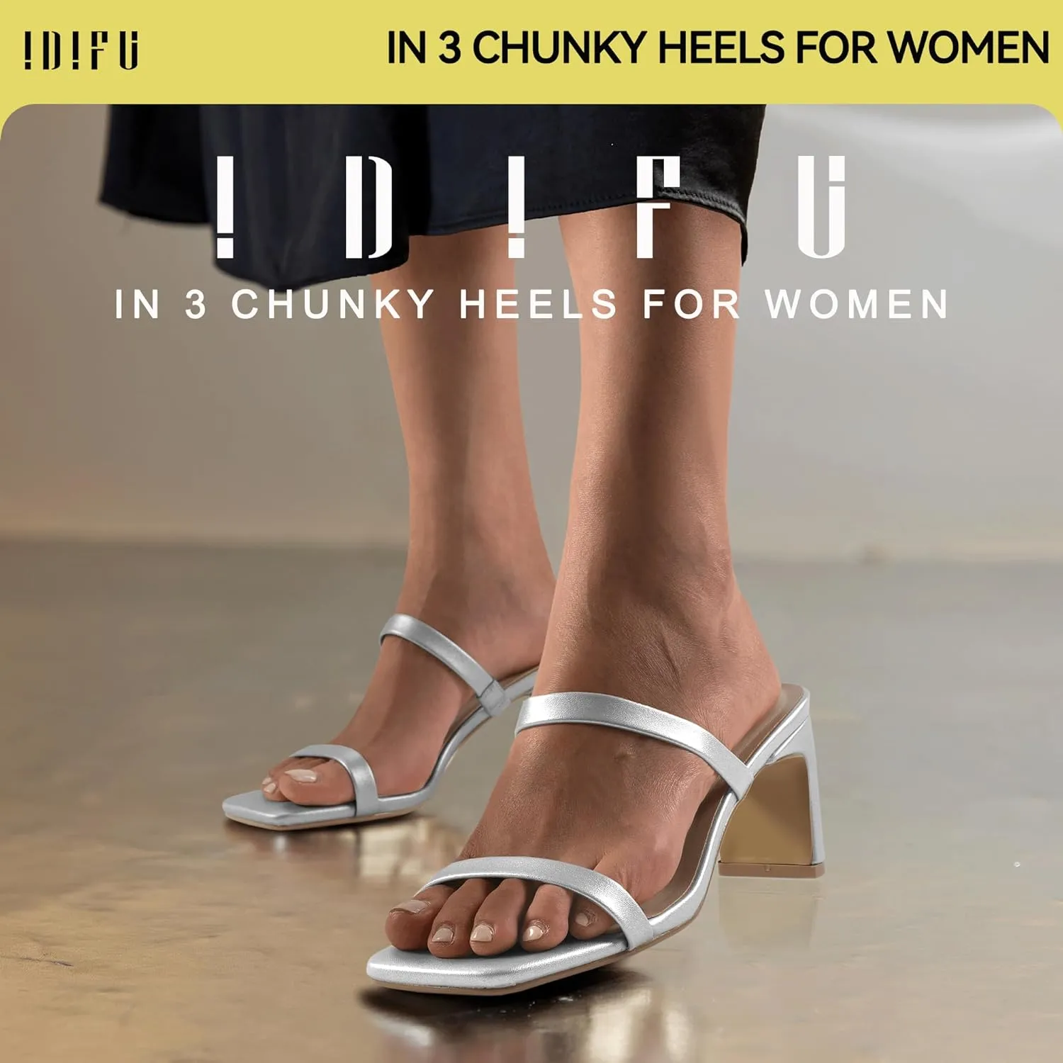 IDIFU IN3 Chunky Heels For Women Low Block Square Open Toe Heels Two Strap Slip On Comfortable Slides Heeled Sandals Sexy Wedding Prom Party Dress Shoes Cute Mule Short Heels