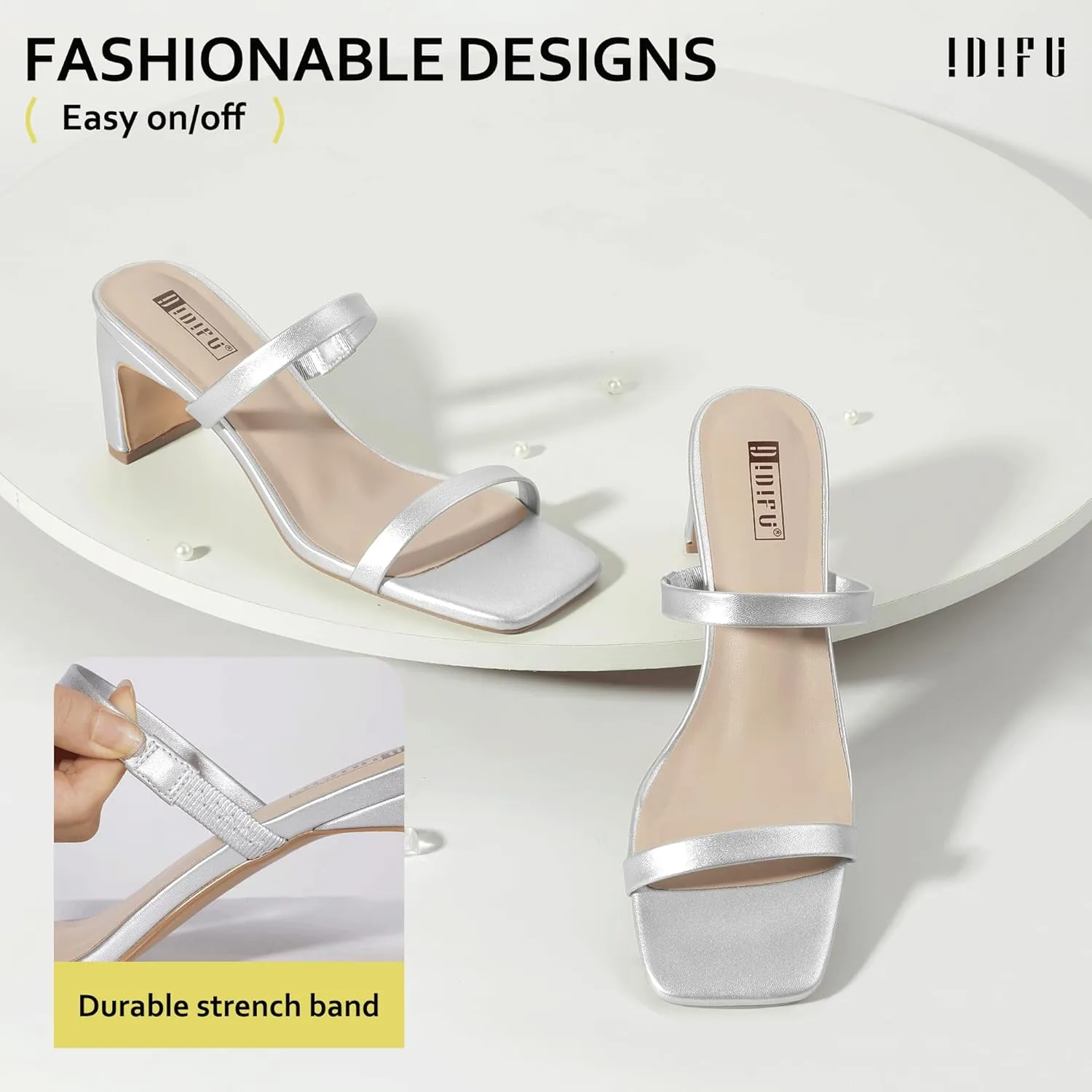 IDIFU IN3 Chunky Heels For Women Low Block Square Open Toe Heels Two Strap Slip On Comfortable Slides Heeled Sandals Sexy Wedding Prom Party Dress Shoes Cute Mule Short Heels