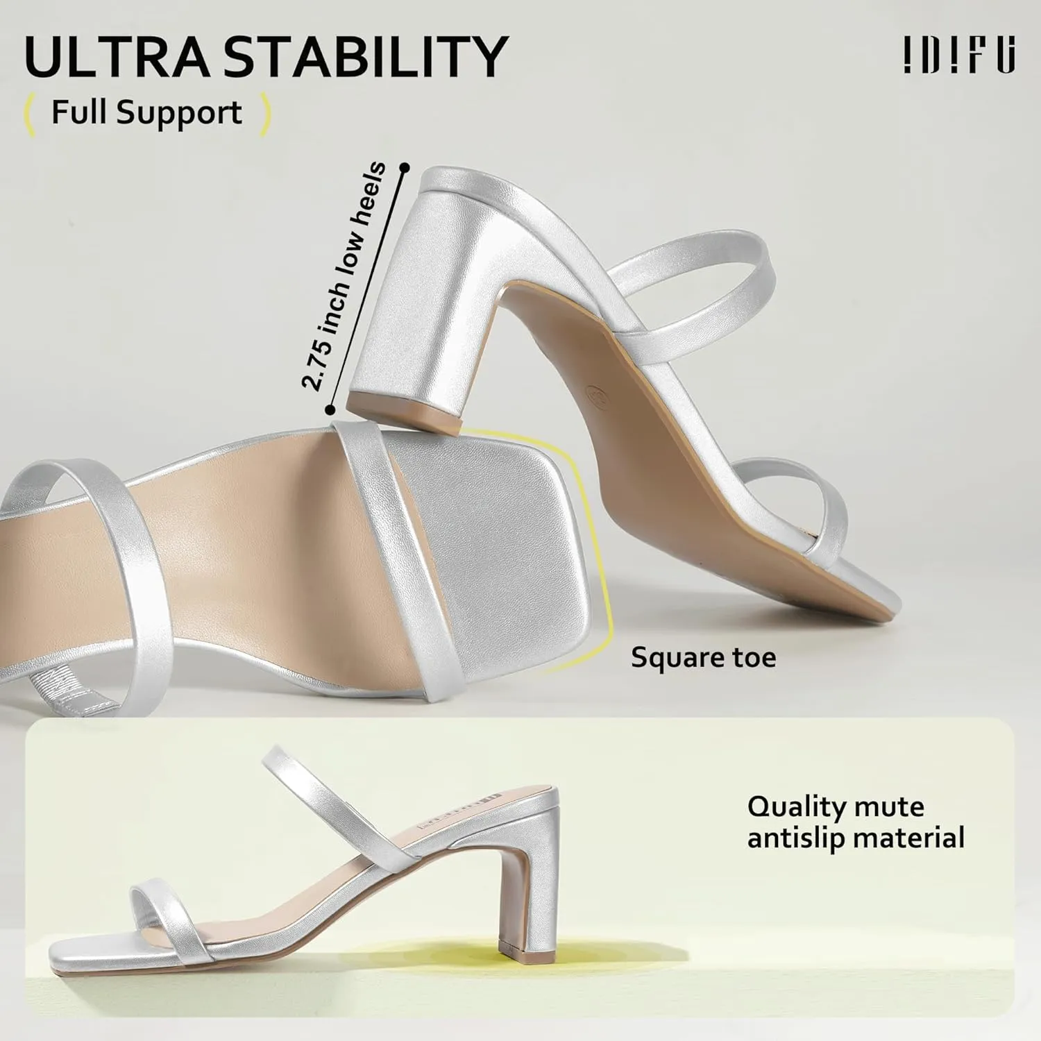 IDIFU IN3 Chunky Heels For Women Low Block Square Open Toe Heels Two Strap Slip On Comfortable Slides Heeled Sandals Sexy Wedding Prom Party Dress Shoes Cute Mule Short Heels