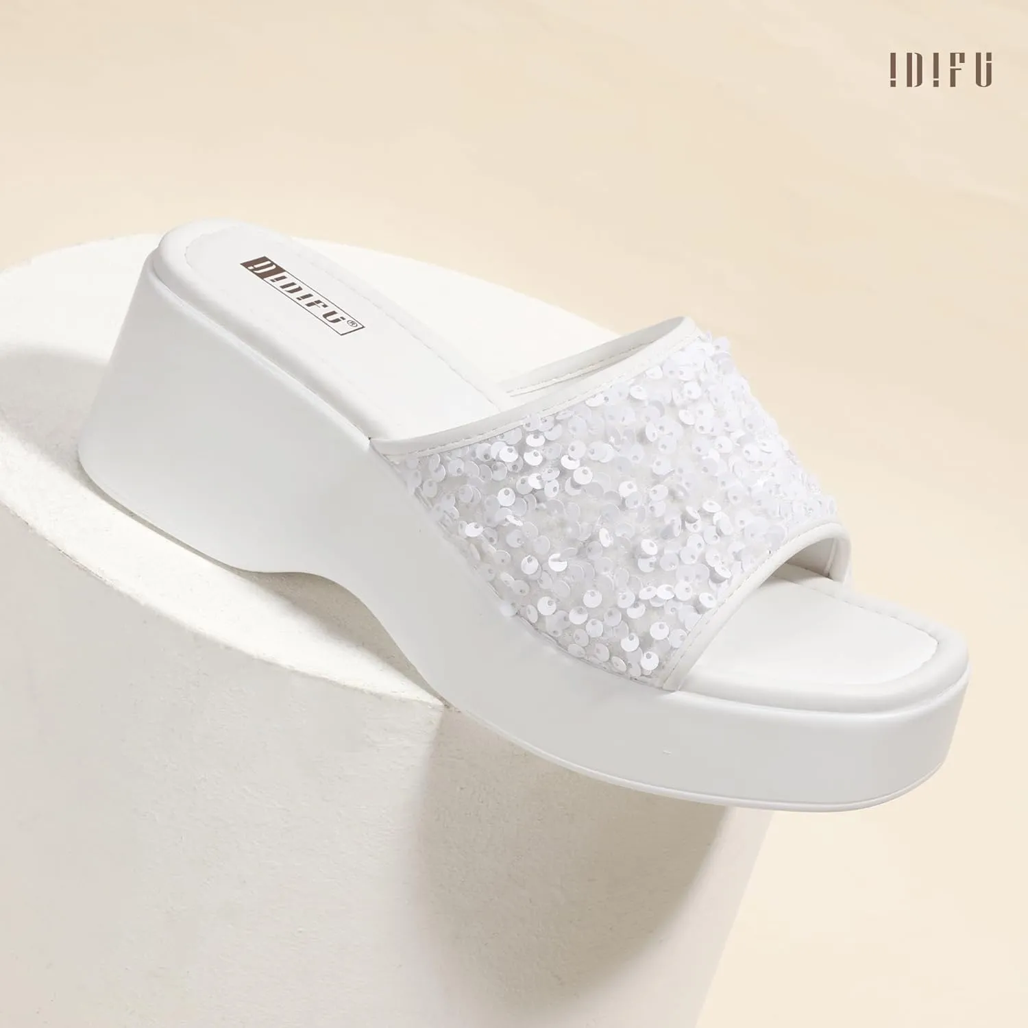 IDIFU IN3 Platform Sandals Wedge Sandals for Women Sparkly Low Chunky Slides Sandals Summer Beach Cute Comfortable Slip On Wedges Square Open Toe Trendy Small Dressy Womens Sandals