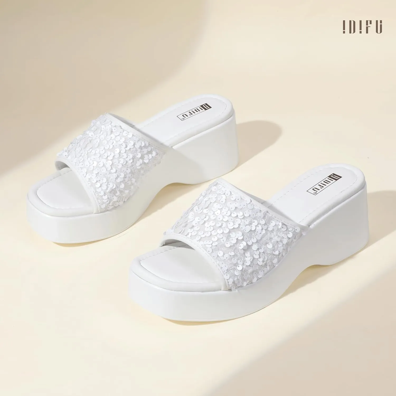 IDIFU IN3 Platform Sandals Wedge Sandals for Women Sparkly Low Chunky Slides Sandals Summer Beach Cute Comfortable Slip On Wedges Square Open Toe Trendy Small Dressy Womens Sandals