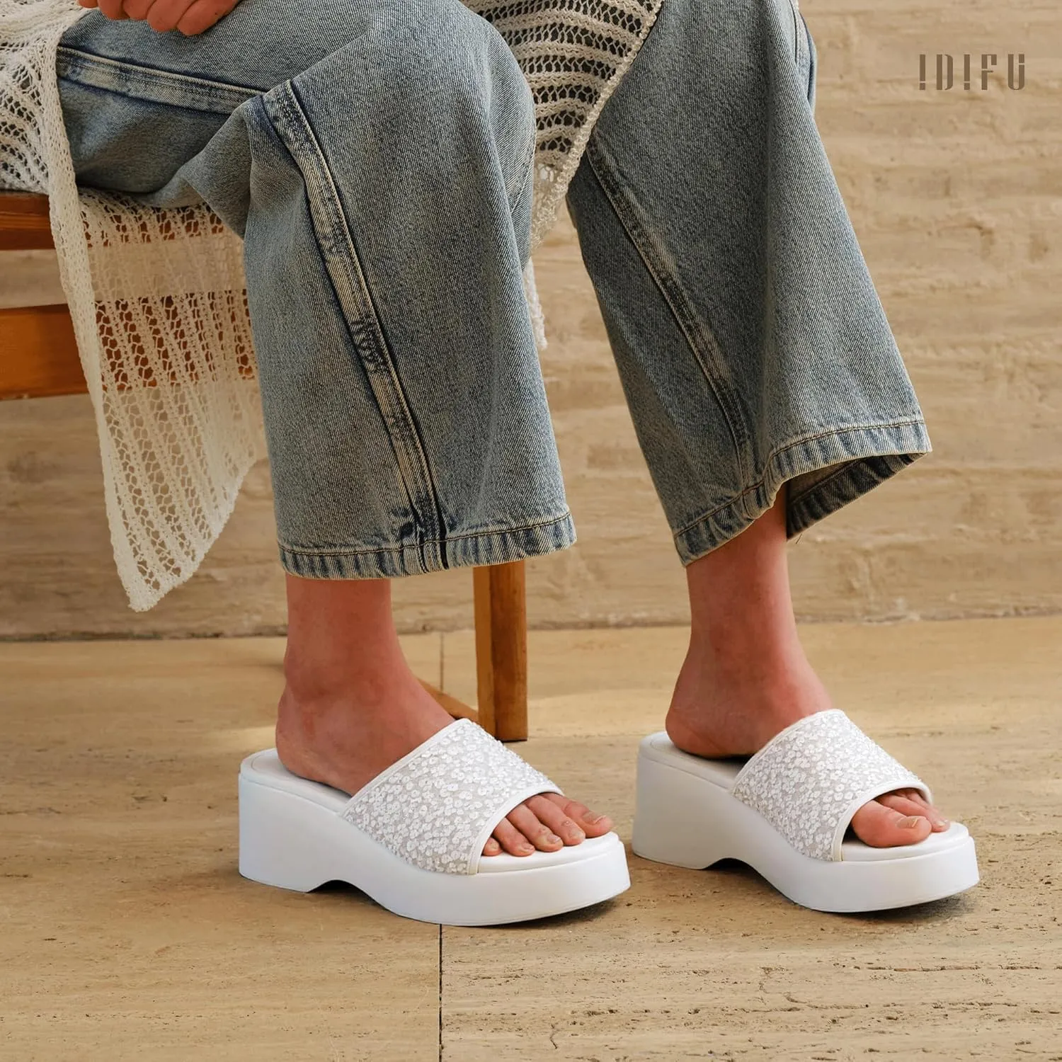 IDIFU IN3 Platform Sandals Wedge Sandals for Women Sparkly Low Chunky Slides Sandals Summer Beach Cute Comfortable Slip On Wedges Square Open Toe Trendy Small Dressy Womens Sandals