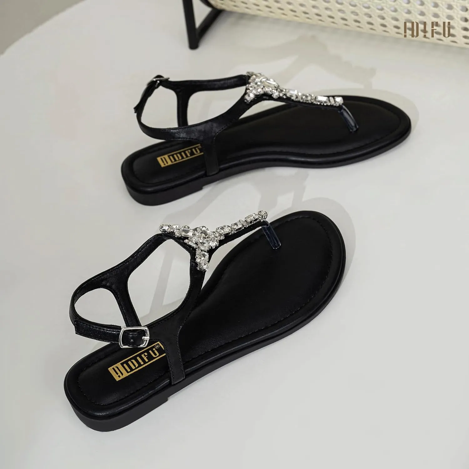 IDIFU Rhinestone Flat Sandals for Women Dressy Sparkly Thong Sandals Bling Summer Cute T Strap Dress Sandals for Wedding Bridal Bride Beach Trendy Comfortable Ladies Women's Sandals
