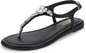 IDIFU Rhinestone Flat Sandals for Women Dressy Sparkly Thong Sandals Bling Summer Cute T Strap Dress Sandals for Wedding Bridal Bride Beach Trendy Comfortable Ladies Women's Sandals
