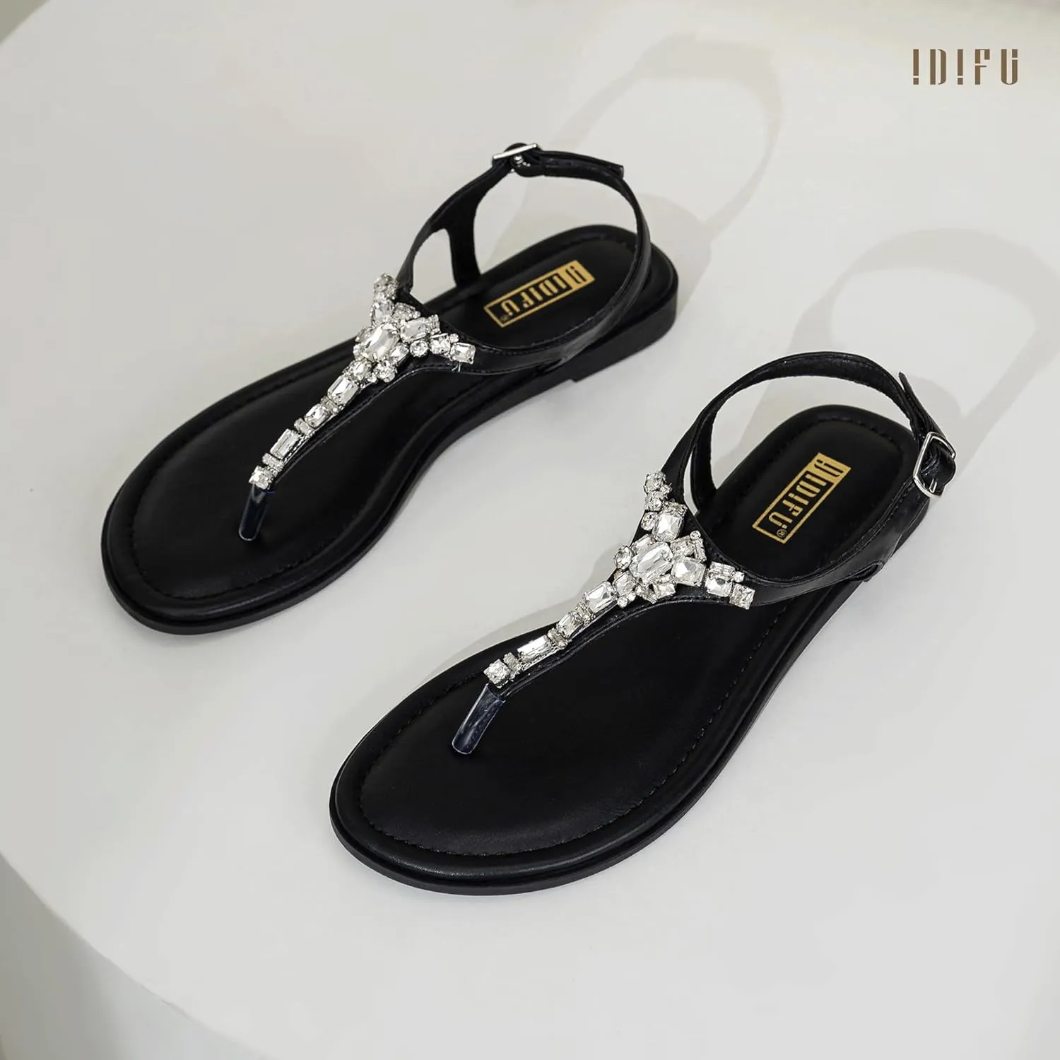 IDIFU Rhinestone Flat Sandals for Women Dressy Sparkly Thong Sandals Bling Summer Cute T Strap Dress Sandals for Wedding Bridal Bride Beach Trendy Comfortable Ladies Women's Sandals