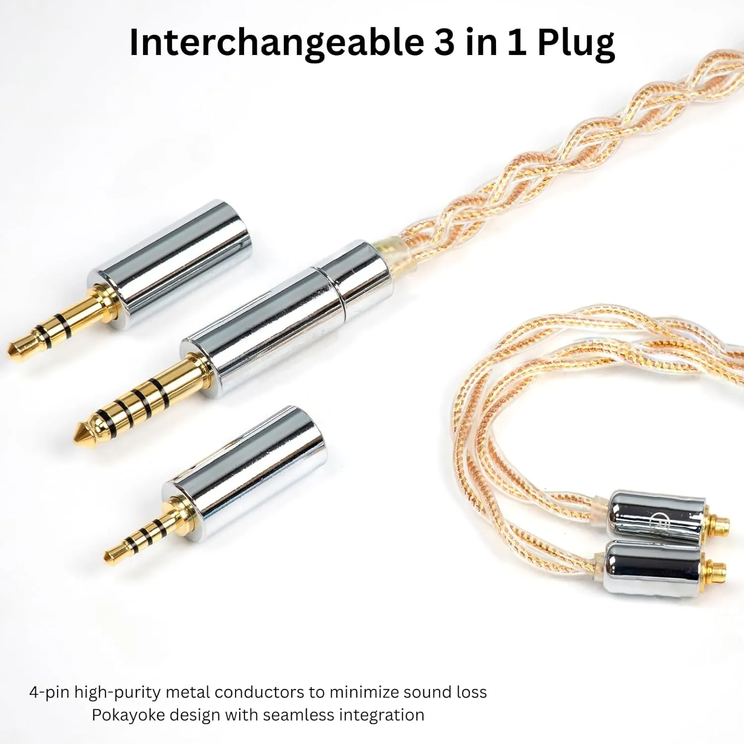 IEM Cable,with Detachable 3-in-1 2.5mm,3.5mm,4.4mm Plug,Upgraded Hifi Audio Cable,4 Core OCC Wrapped with Copper-Plated Platinum,in Ear Monitor Cable,for Audiophiles, Musicians,Studio Monitoring(mmcx)