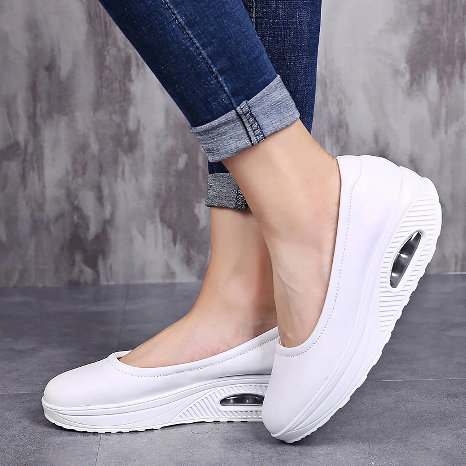 ihinzry Women's Wedge Leather Shoes Nurse Lightweight Comfort Work Shoes Waterproof Non Slip Loafer Platform Shoes