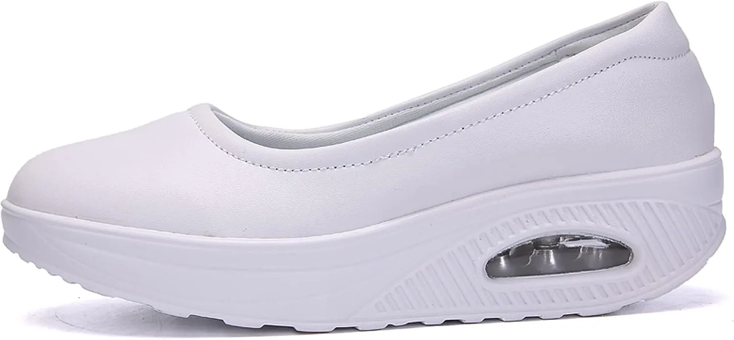 ihinzry Women's Wedge Leather Shoes Nurse Lightweight Comfort Work Shoes Waterproof Non Slip Loafer Platform Shoes