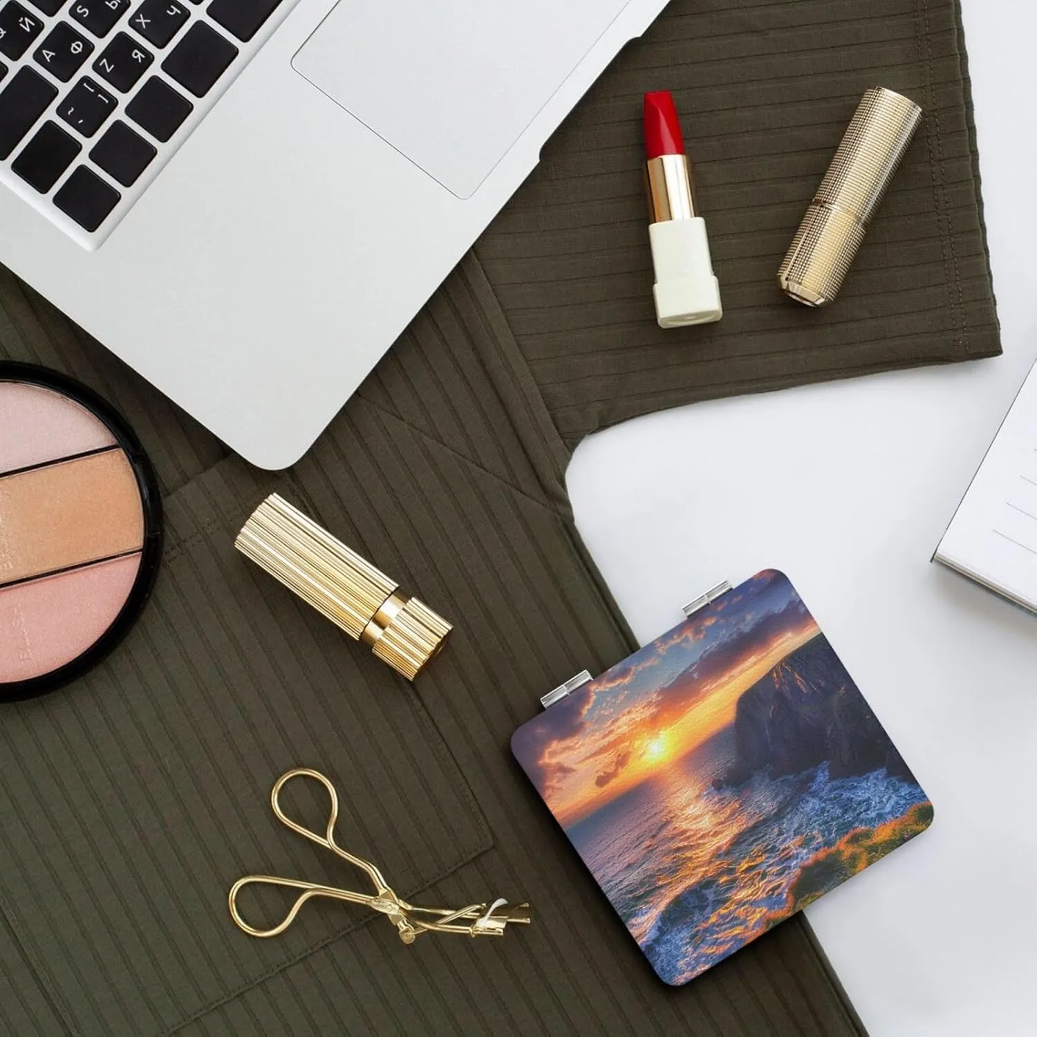 Ireland Sunset Seascape Printed Square Pocket Makeup Mirror with 1X/2X Magnification, Portable Mini Travel Makeup Mirror for Travel Daily Work Beauty