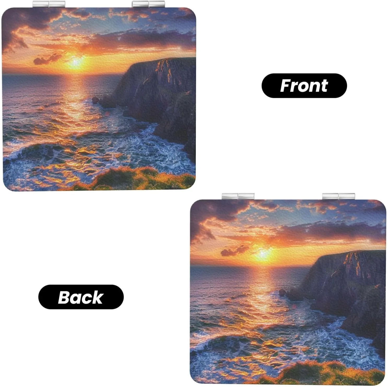 Ireland Sunset Seascape Printed Square Pocket Makeup Mirror with 1X/2X Magnification, Portable Mini Travel Makeup Mirror for Travel Daily Work Beauty