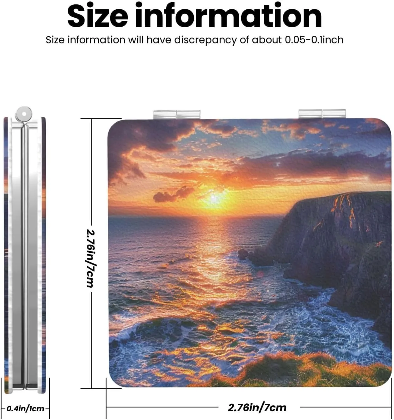 Ireland Sunset Seascape Printed Square Pocket Makeup Mirror with 1X/2X Magnification, Portable Mini Travel Makeup Mirror for Travel Daily Work Beauty