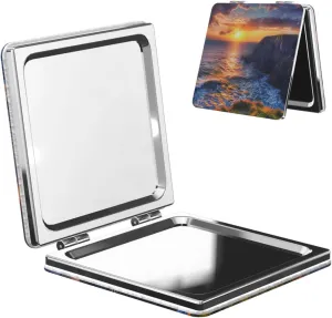 Ireland Sunset Seascape Printed Square Pocket Makeup Mirror with 1X/2X Magnification, Portable Mini Travel Makeup Mirror for Travel Daily Work Beauty