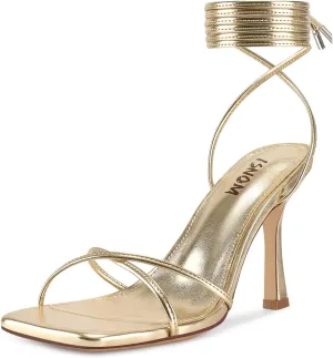 ISNOM Lace Up Heels Sandals for Women, Square Toe, Open Toe Thong, Stiletto Heels Design