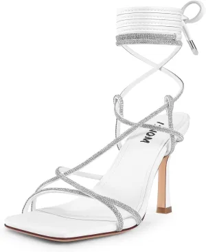 ISNOM Lace Up Heels Sandals for Women, Square Toe, Open Toe Thong, Stiletto Heels Design