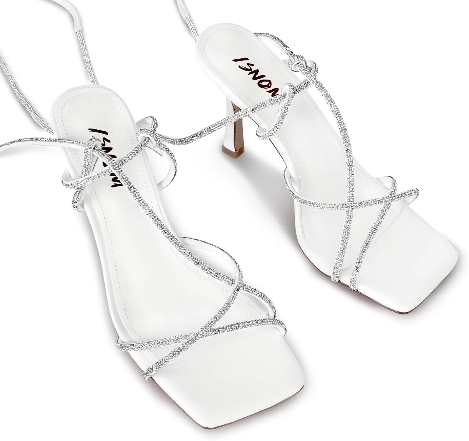 ISNOM Lace Up Heels Sandals for Women, Square Toe, Open Toe Thong, Stiletto Heels Design