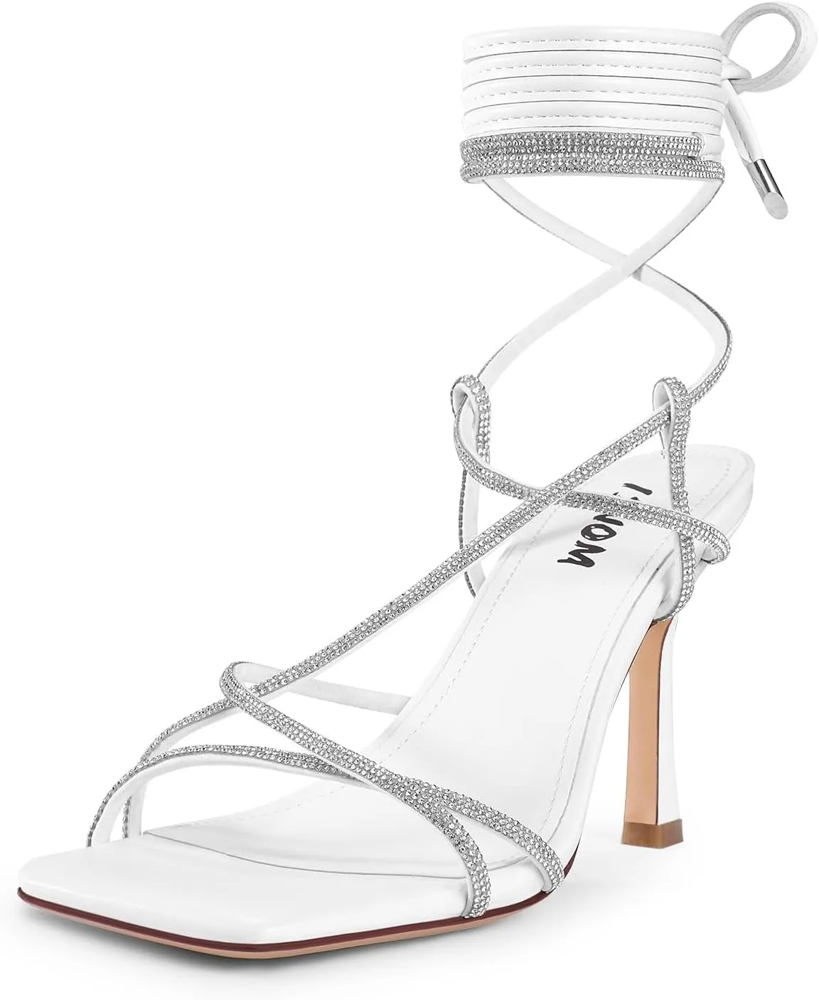 ISNOM Lace Up Heels Sandals for Women, Square Toe, Open Toe Thong, Stiletto Heels Design