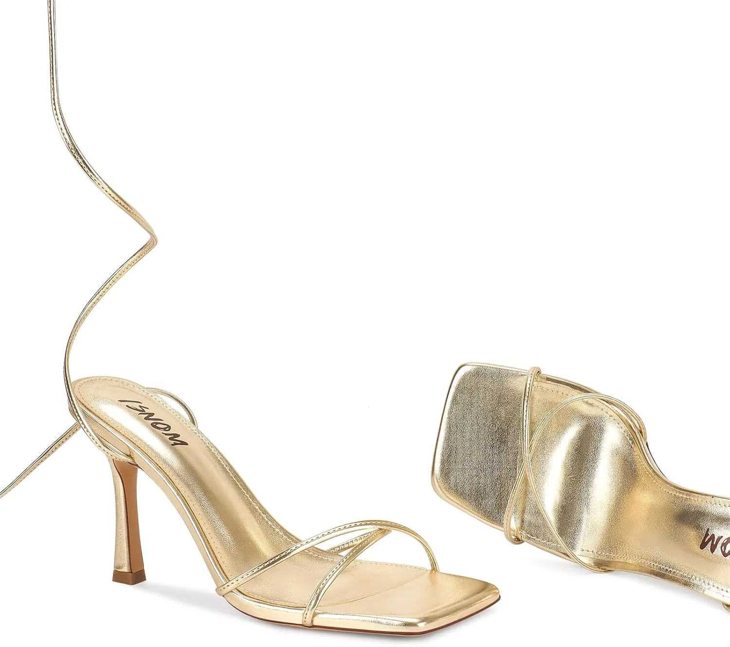 ISNOM Lace Up Heels Sandals for Women, Square Toe, Open Toe Thong, Stiletto Heels Design